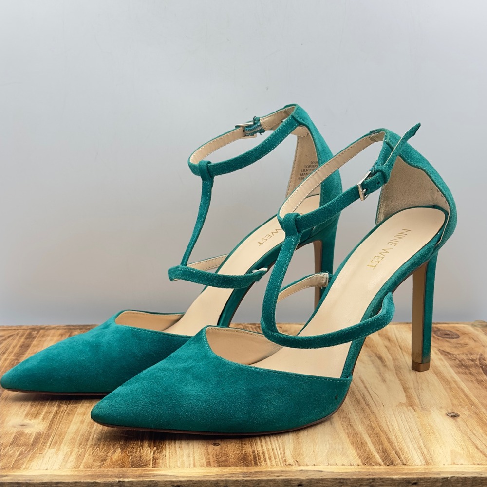 Nine West Tornaydoo Teal Green Suede T-Strap Pointed Toe Heels 9.5M Dress Pumps